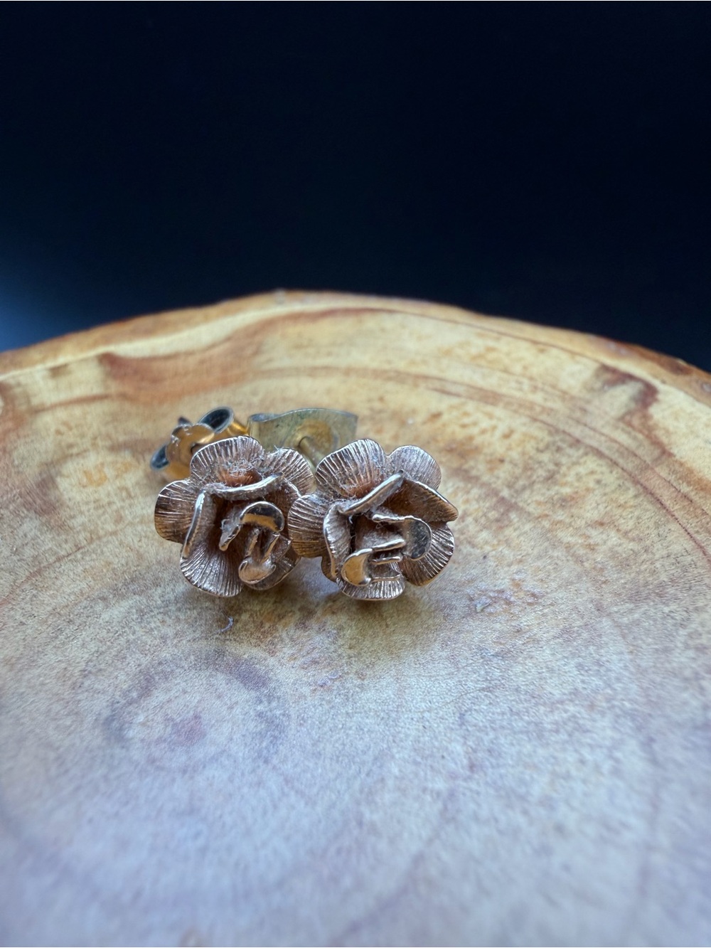 Delicate Rose Stud Earrings in Antique Gold Finish